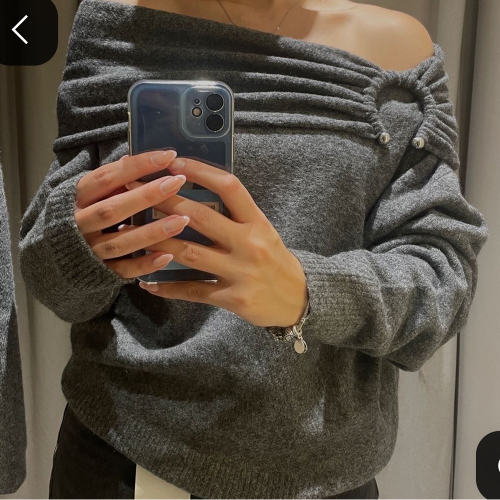 Zara Grey Off-shoulder Sweater with Silver Detail